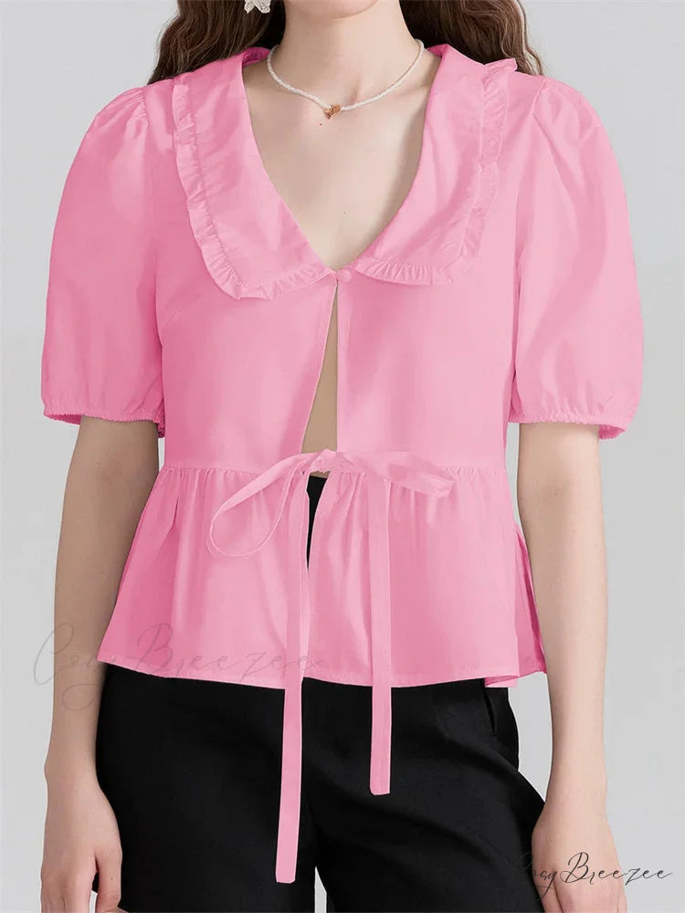 V-Neck Front Bowknot Tie-Up Shirt pink / S blouse-250223