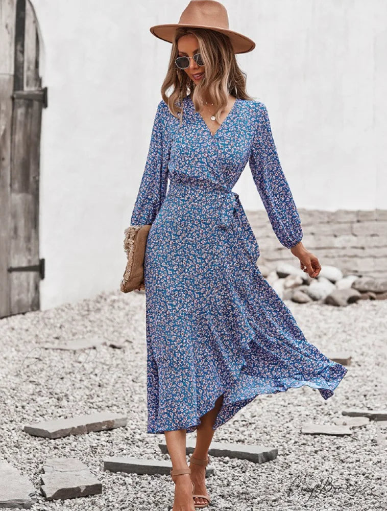 V Neck Full Sleeve High Waist Bandage Print Dress for Spring/Autumn L / BLACK
