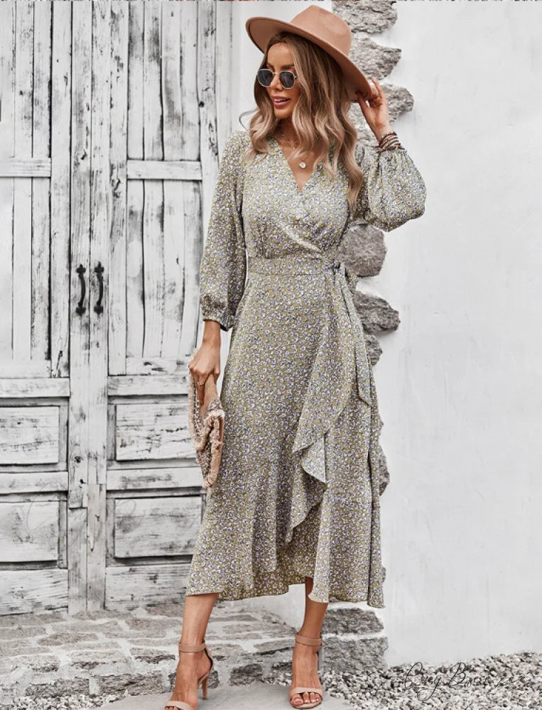 V Neck Full Sleeve High Waist Bandage Print Dress for Spring/Autumn L / BLUE
