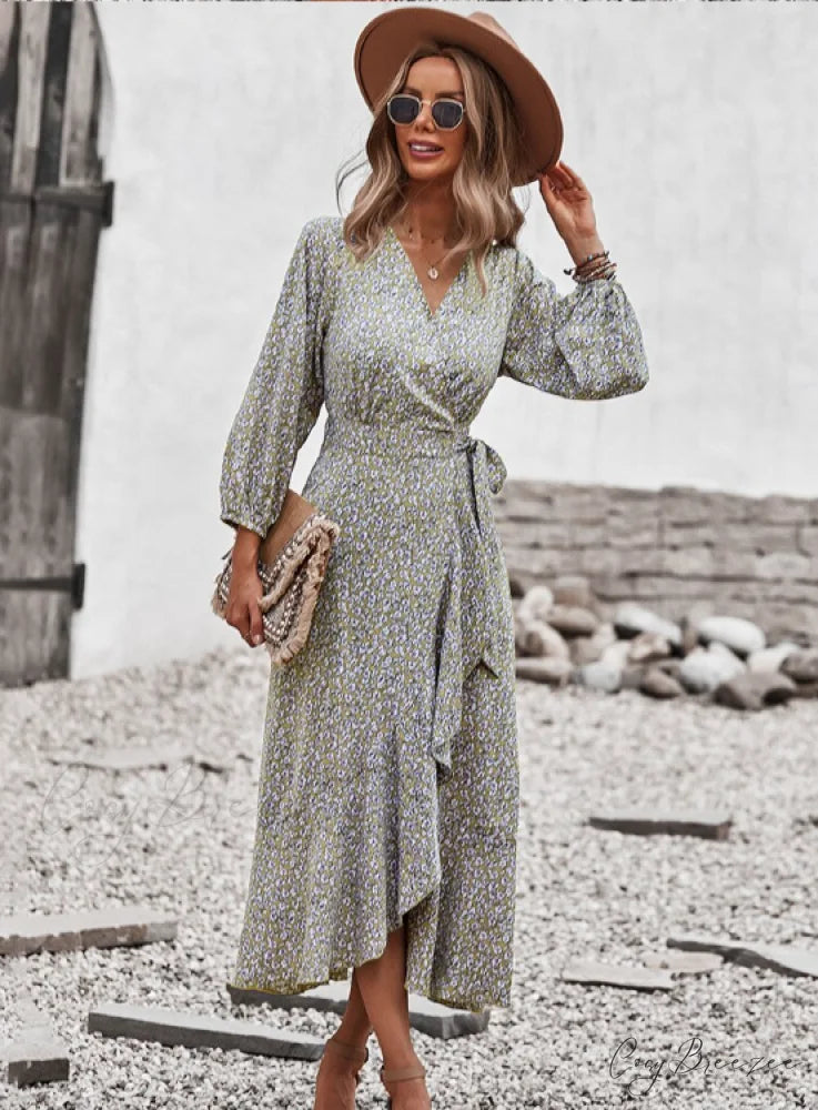 V Neck Full Sleeve High Waist Bandage Print Dress for Spring/Autumn L / YELLOW