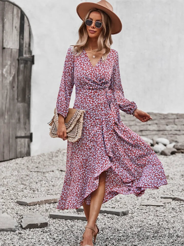 V Neck Full Sleeve High Waist Bandage Print Dress for Spring/Autumn M / BLACK