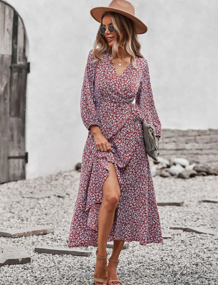V Neck Full Sleeve High Waist Bandage Print Dress for Spring/Autumn M / BLUE