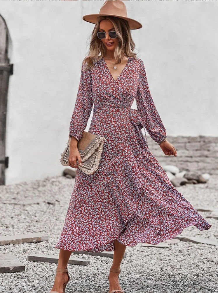 V Neck Full Sleeve High Waist Bandage Print Dress for Spring/Autumn M / YELLOW