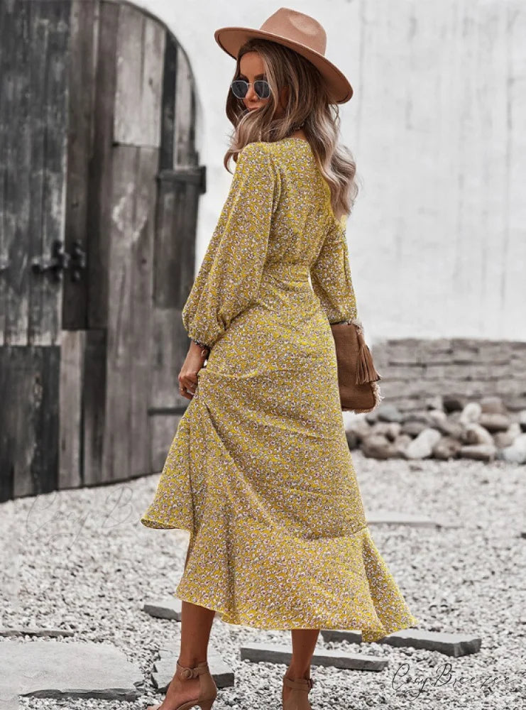 V Neck Full Sleeve High Waist Bandage Print Dress for Spring/Autumn S / RED
