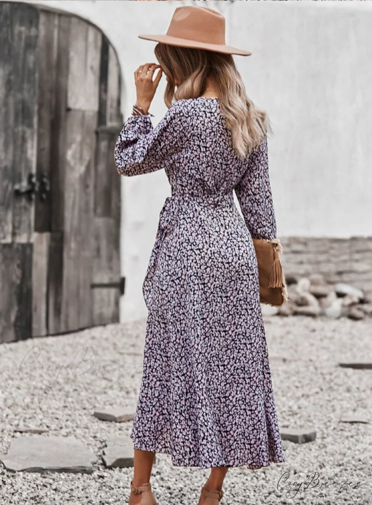 V Neck Full Sleeve High Waist Bandage Print Dress for Spring/Autumn XL / BLACK