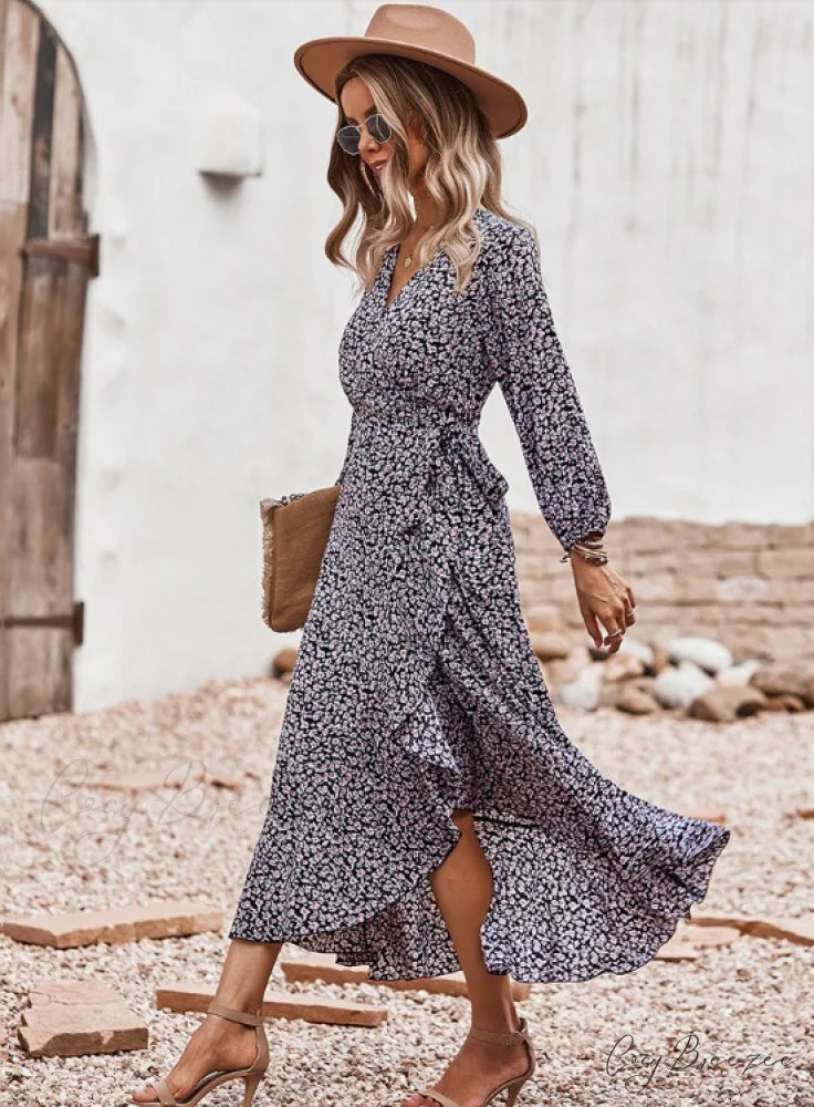 V Neck Full Sleeve High Waist Bandage Print Dress for Spring/Autumn XL / BLUE