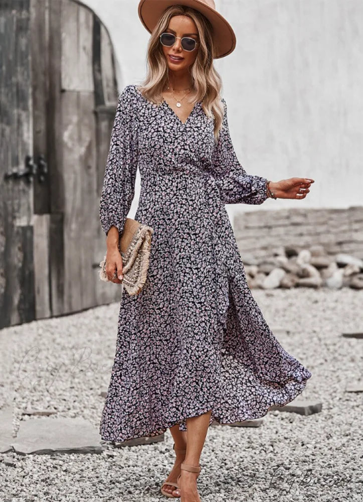 V Neck Full Sleeve High Waist Bandage Print Dress for Spring/Autumn XL / YELLOW