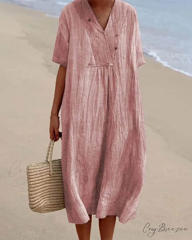 V Neck Half Sleeve Dress - Solid Color Pink / S