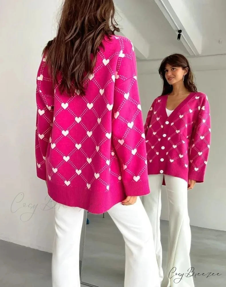 V-neck Heart Pattern Pocket Cardigan Deep pink / S
