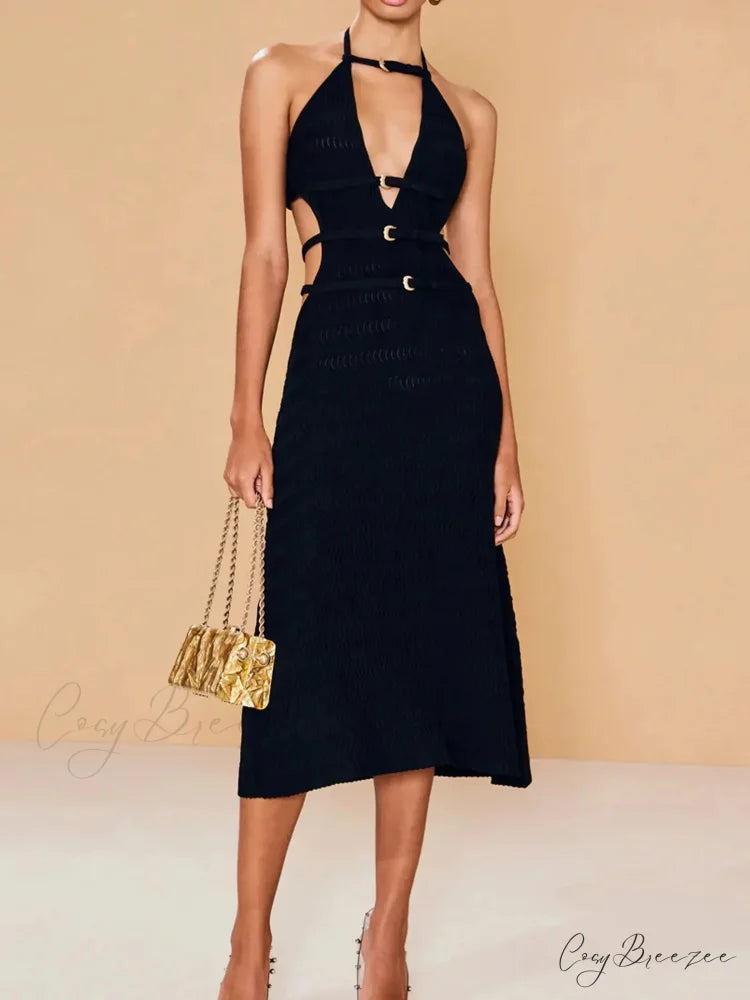 V-Neck Hollow Out Halter Party Dress BLACK / S