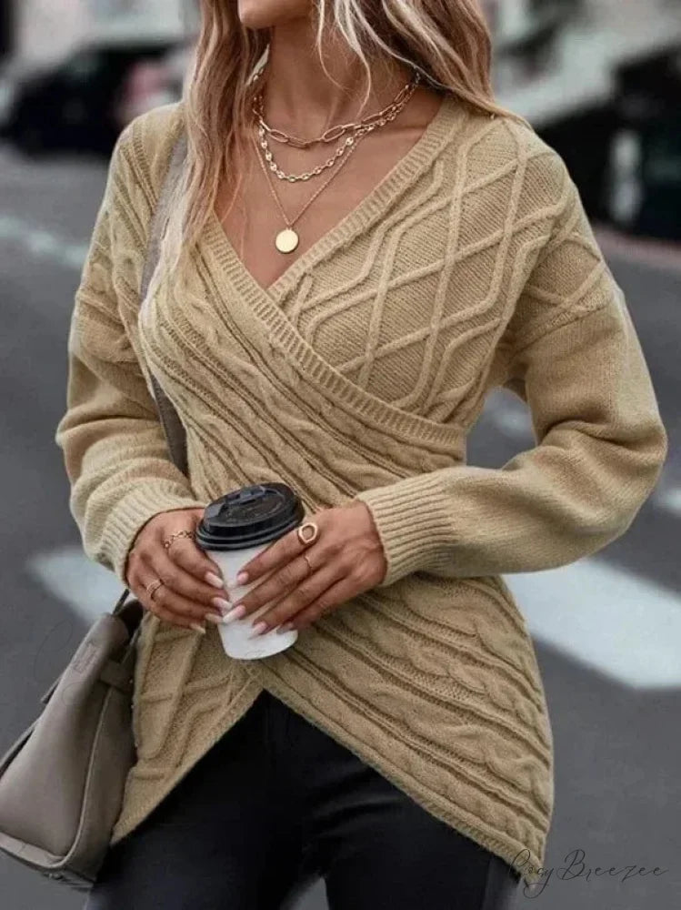 V-neck Jacquard Gray Y2k Sweater khaki / S swraters-241228