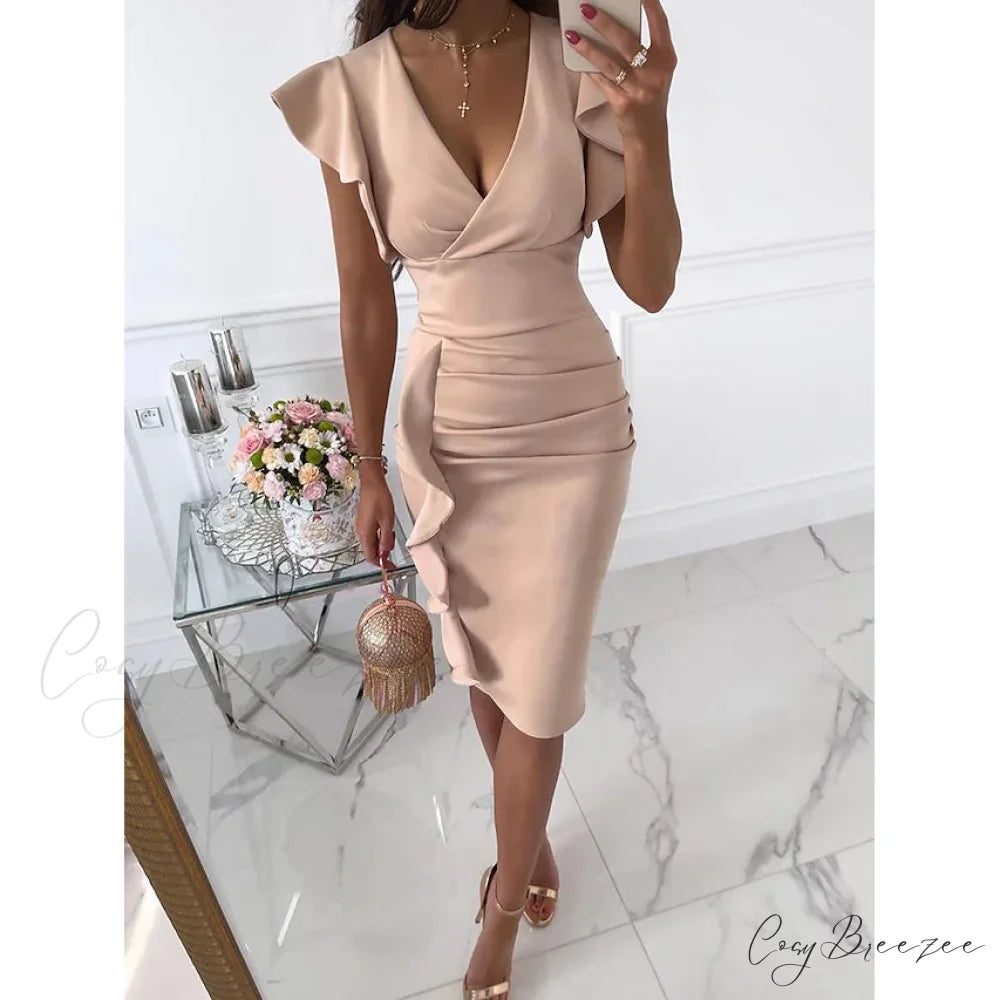 V-Neck Knee Length Dress for Women Apricot / S