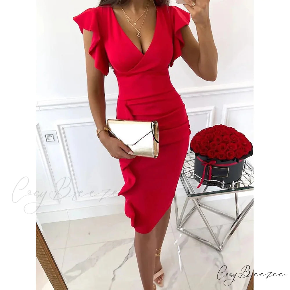 V-Neck Knee Length Dress for Women Red / S