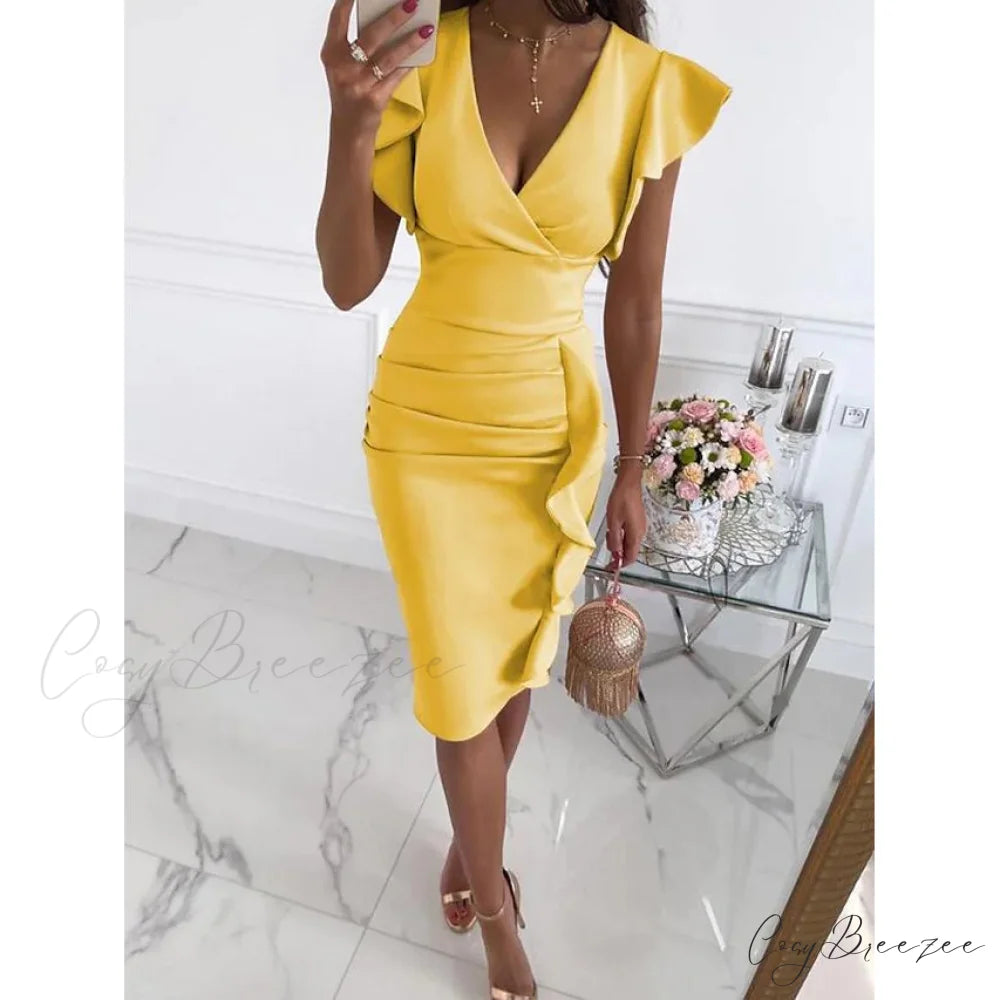 V-Neck Knee Length Dress for Women Yellow / S
