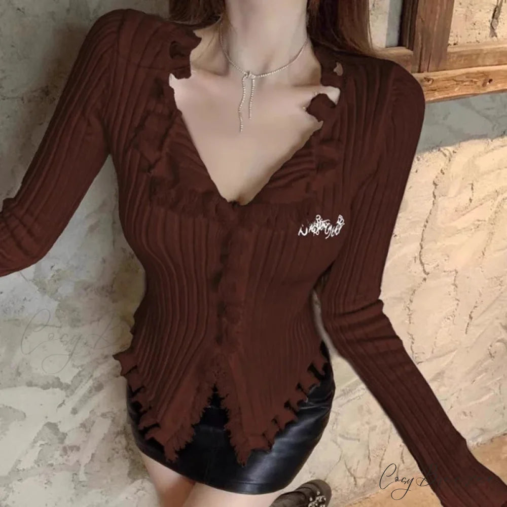 V-Neck Knit Sweater Pattern Tassel Irregular Hem Knit Top Brown / One Size knittop-250126