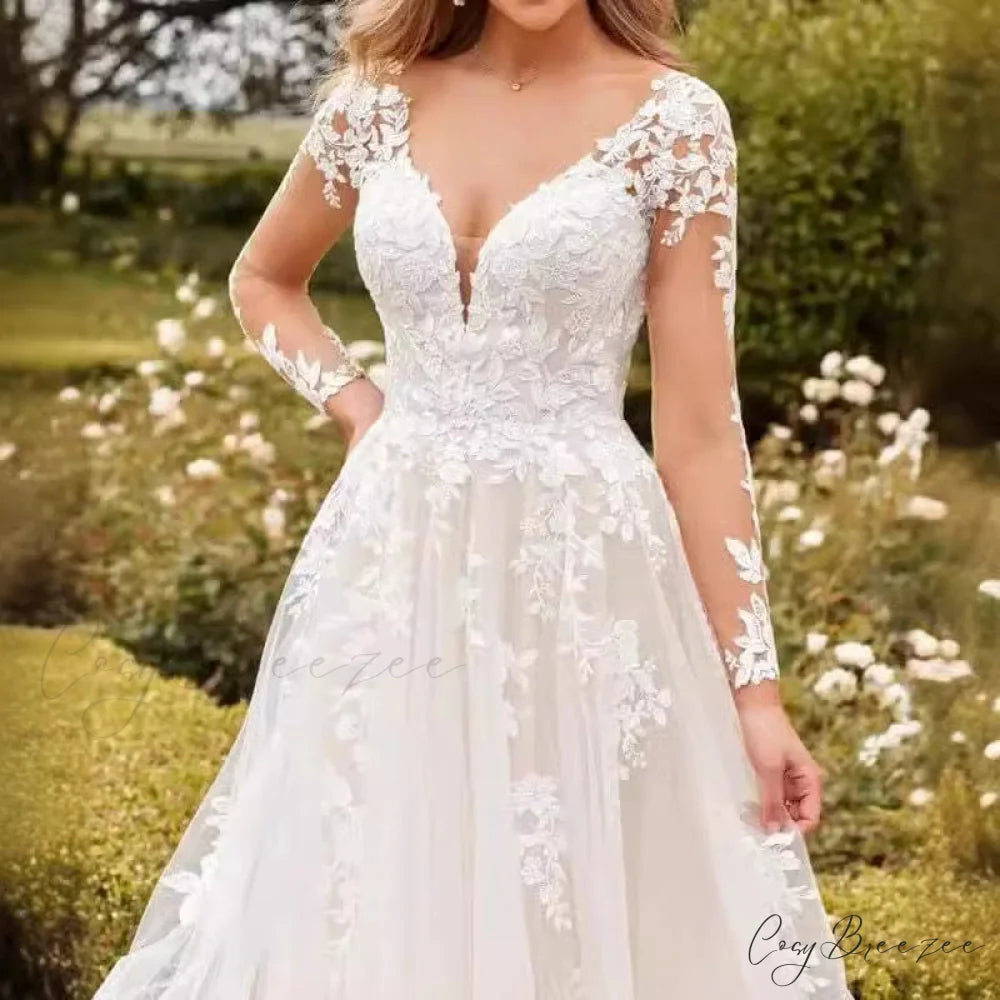 V-Neck Lace A-Line Wedding Dress lvory white / 2 weddingdress-250223