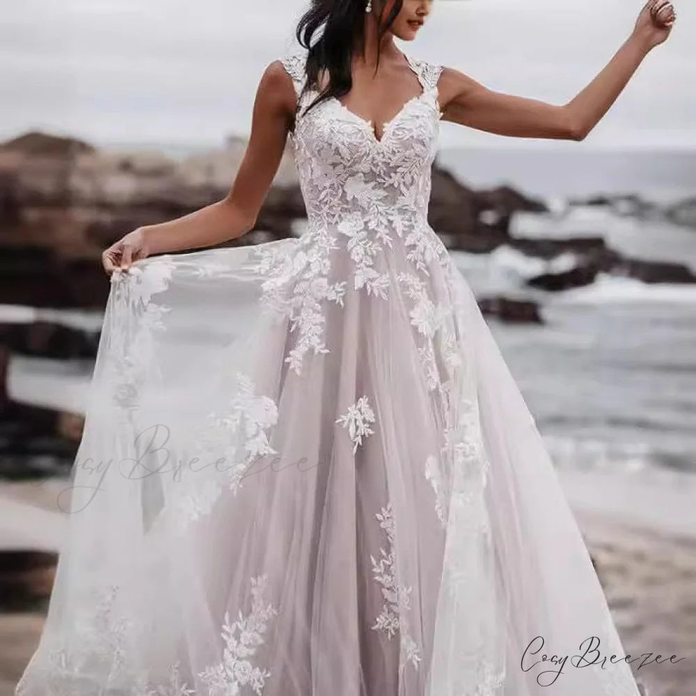 V-Neck Lace A-Line Wedding Dress weddingdress-250223
