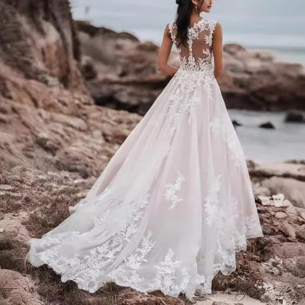 V-Neck Lace A-Line Wedding Dress weddingdress-250223