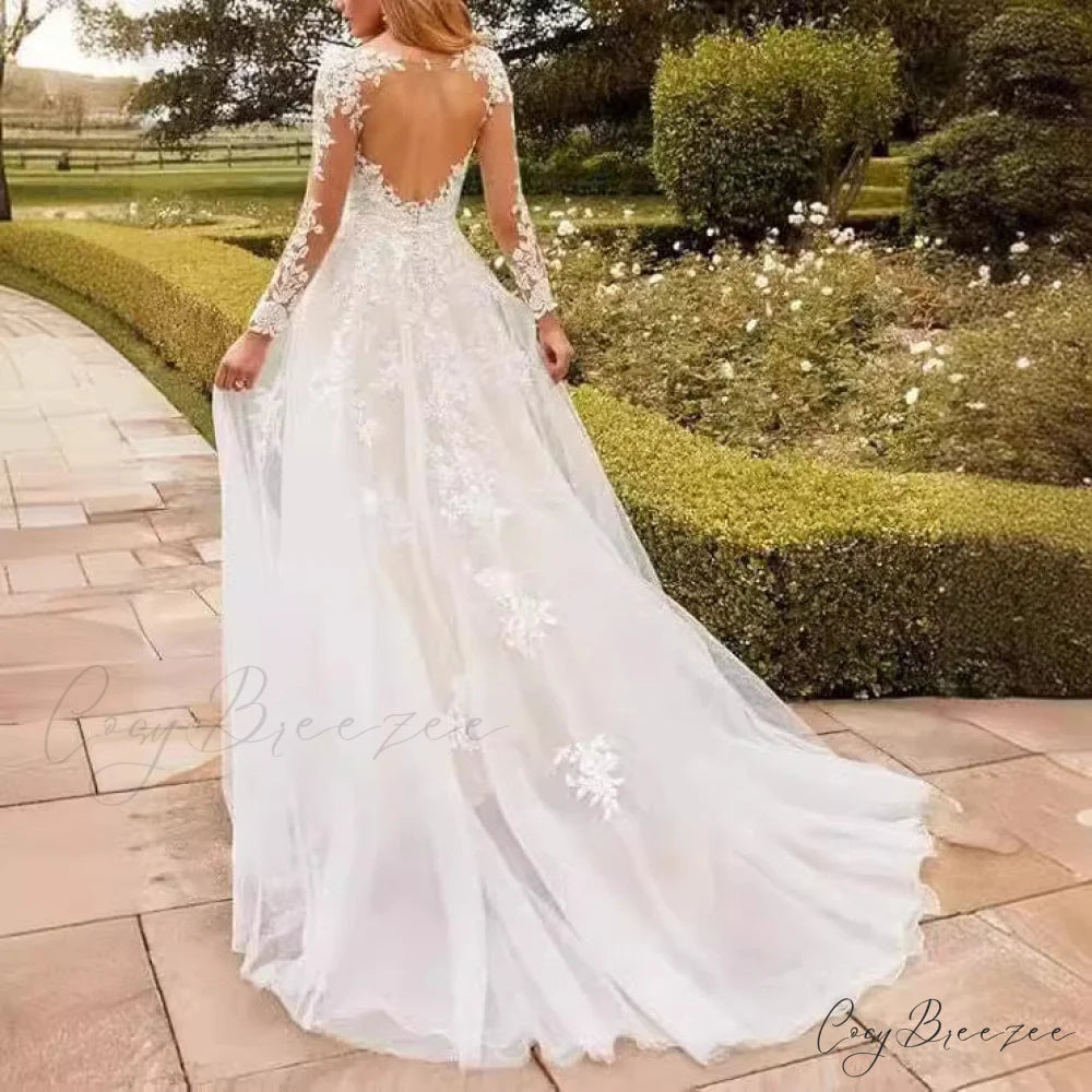 V-Neck Lace A-Line Wedding Dress weddingdress-250223