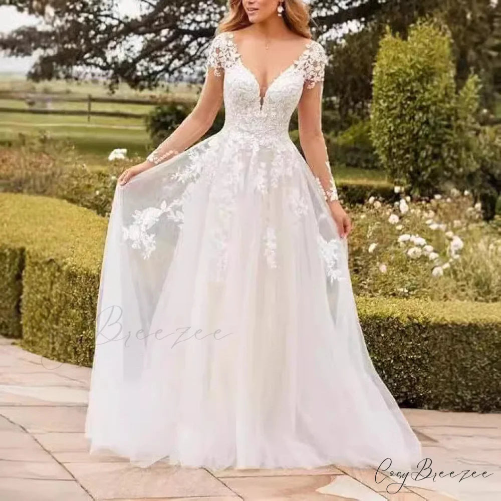 V-Neck Lace A-Line Wedding Dress white / 2 weddingdress-250223