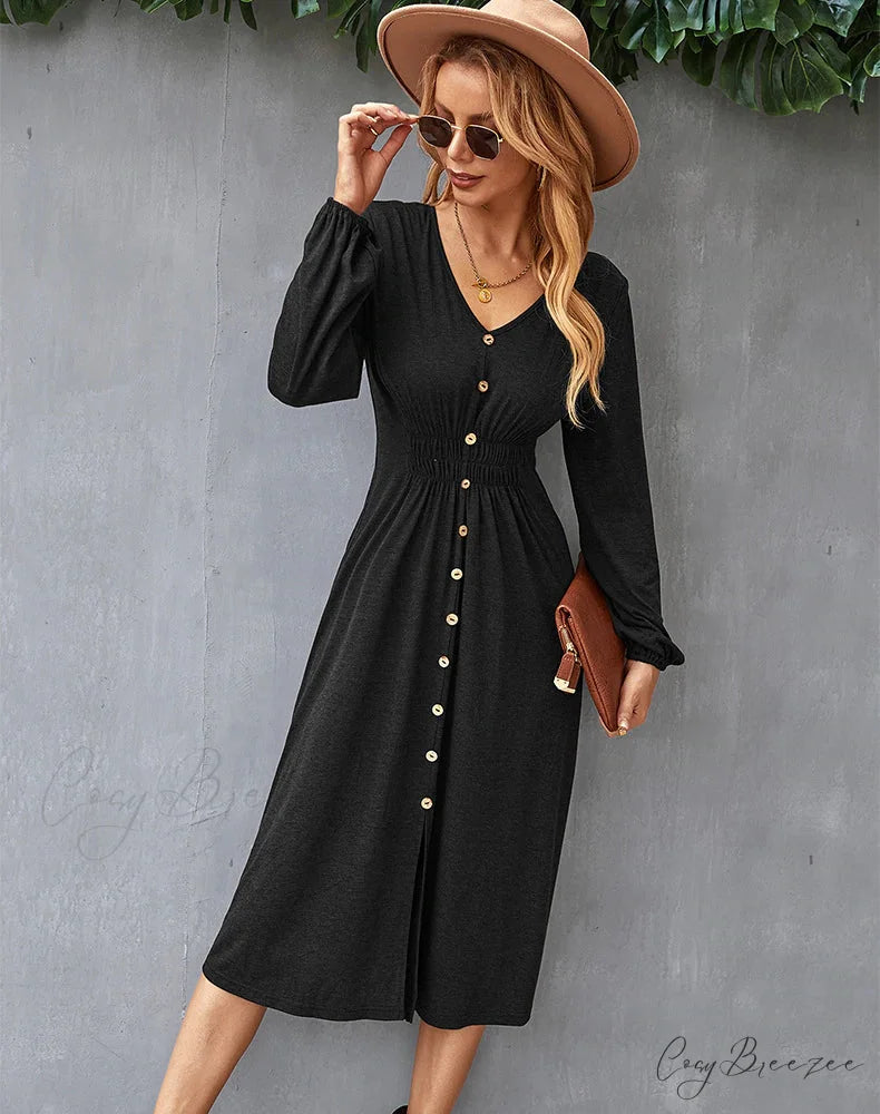 V-NECK LONG SLEEVE A-LINE DRESS M / black