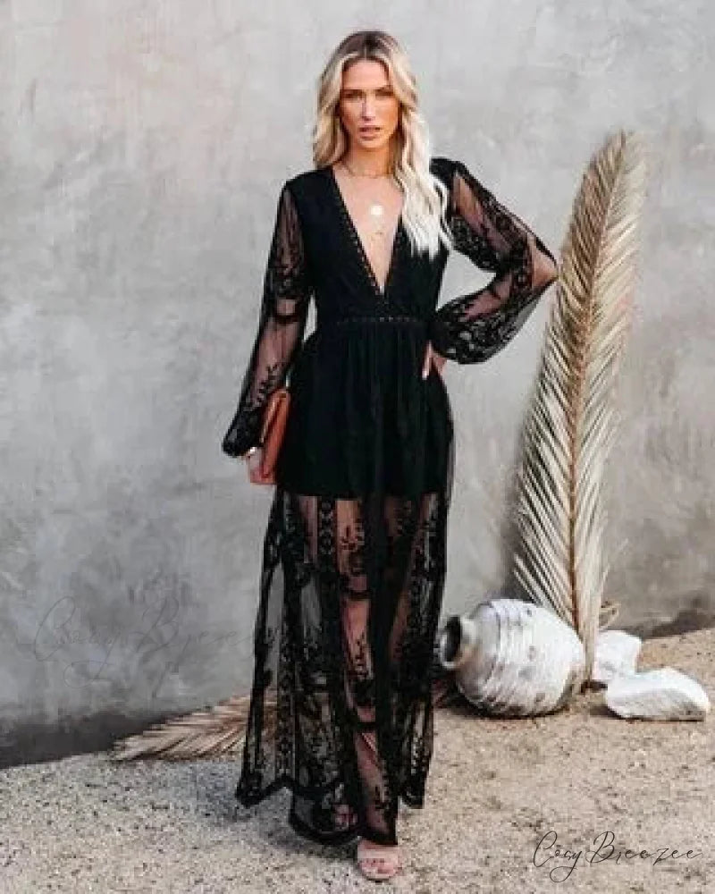 V-neck Long Sleeve Ruffles Hollow Out Maxi Boho Dress Black / S bohodress-250126