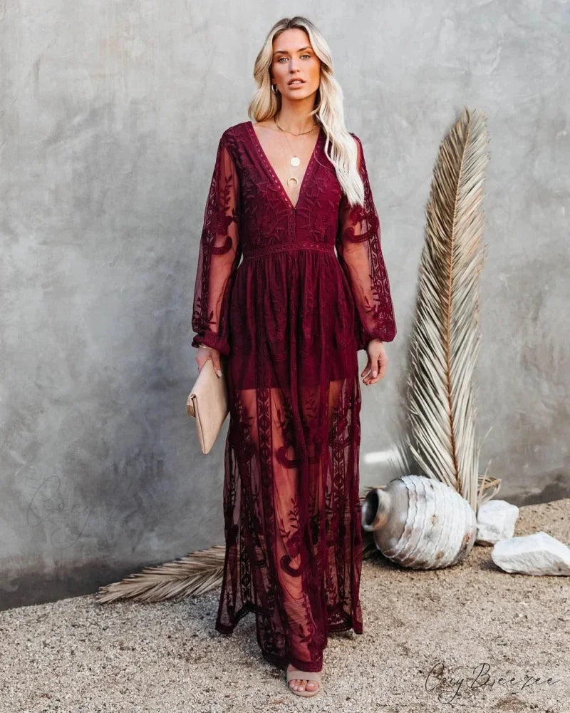 V-neck Long Sleeve Ruffles Hollow Out Maxi Boho Dress bohodress-250126