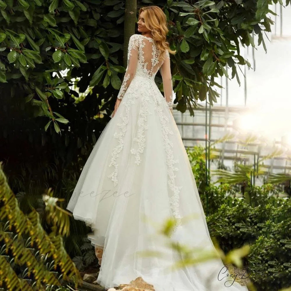 V-Neck Long Sleeve Sheer Wedding Dress weddingdress-250223