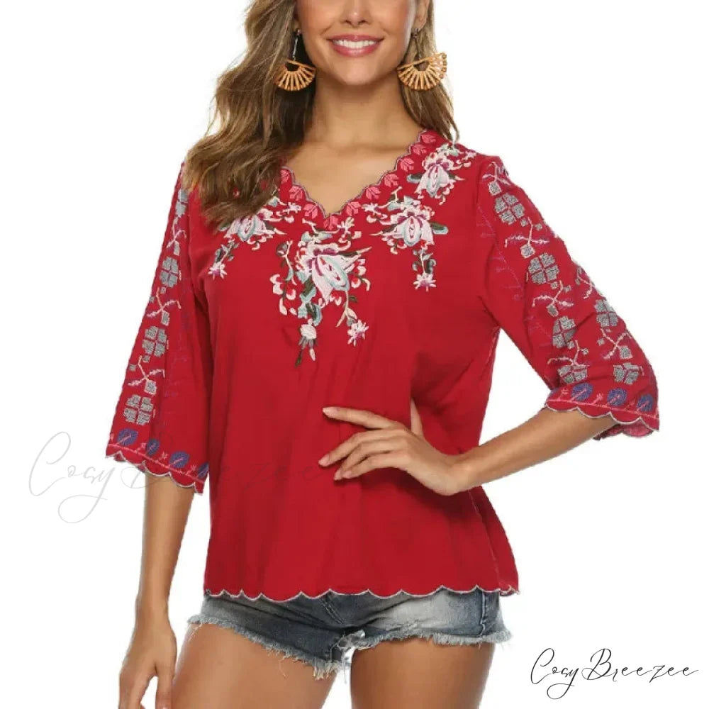 V-Neck Loose Casual Cotton Floral Embroidery Blouse Red / S bohoblouse-250126