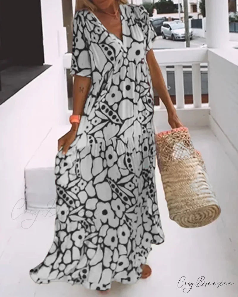 V-neck loose dress with print Black / S