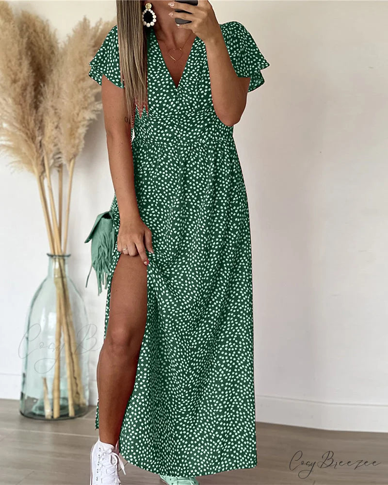 V-neck Maxi Dress with Print Green / S
