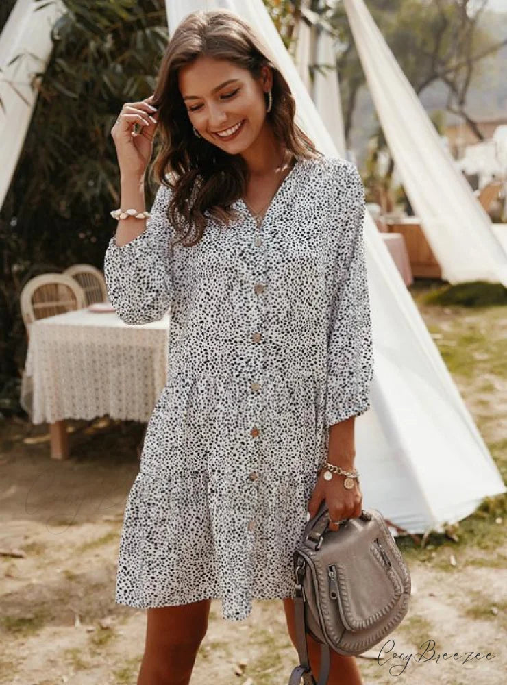 V-Neck Mini Dress with Three Quarter Sleeves M / BLACK