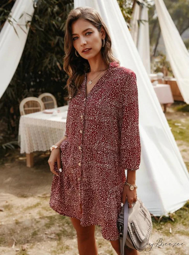 V-Neck Mini Dress with Three Quarter Sleeves S / WHITE