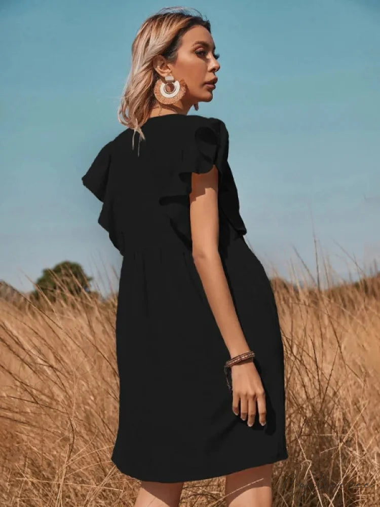 V-Neck One-Breasted Swing Dress M / khaki