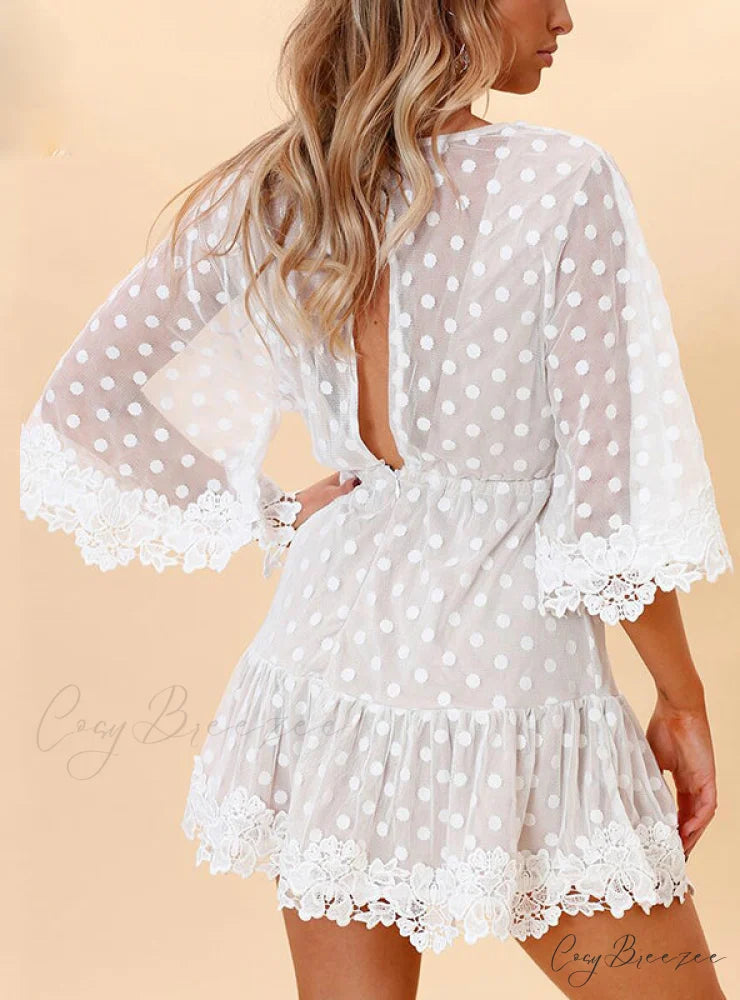 V Neck Party Beach Mesh Dress with Backless Flare Sleeves