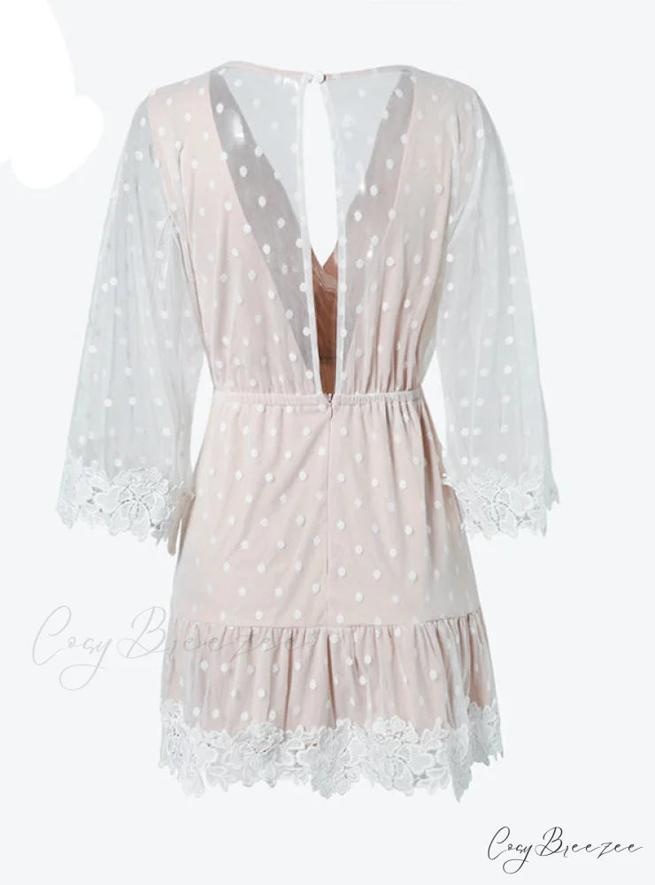 V Neck Party Beach Mesh Dress with Backless Flare Sleeves