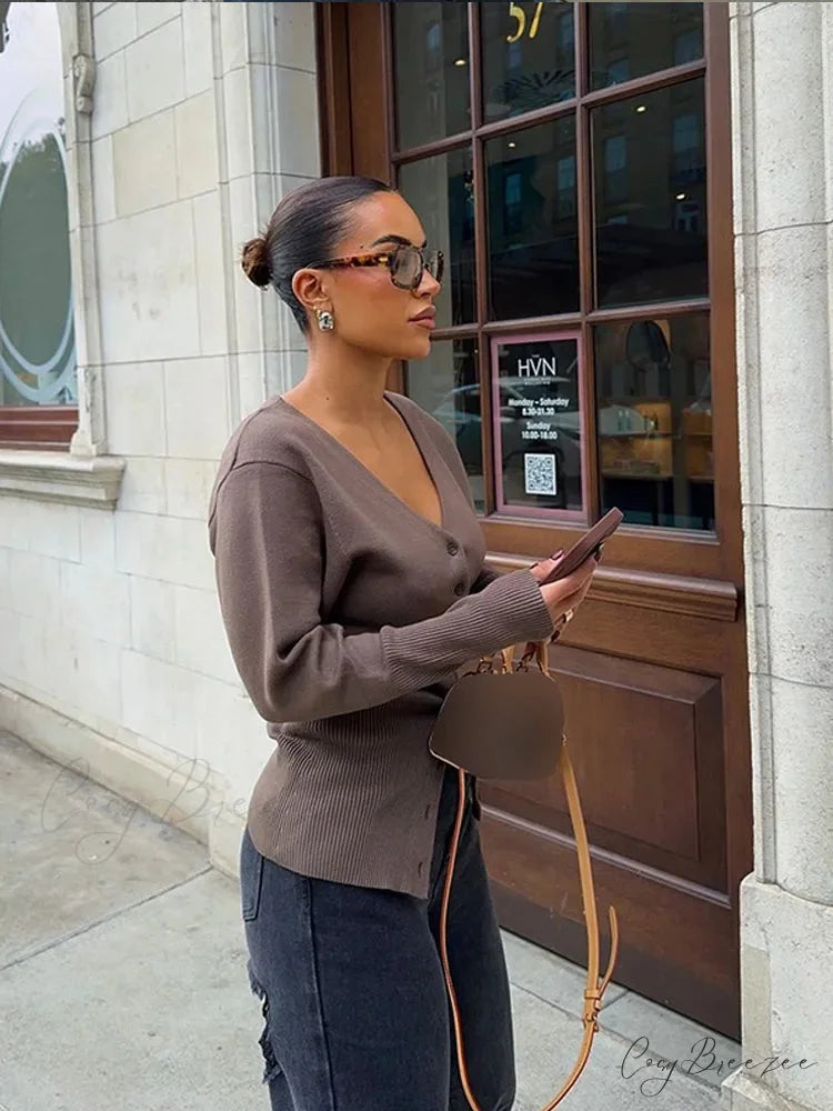 V-neck Plain Long Sleeve Cardigan cardigans-241228