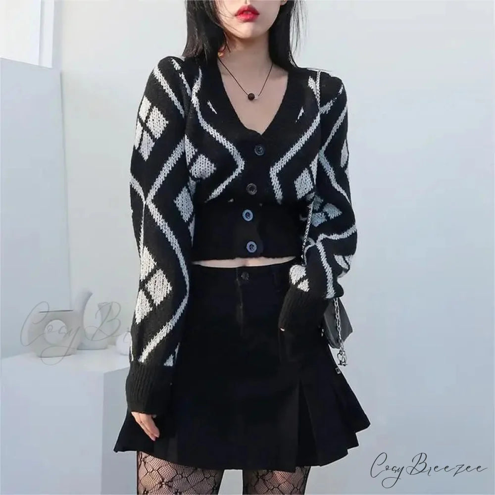 V-neck Printed Button Cardigan Black / S cardigans-241228