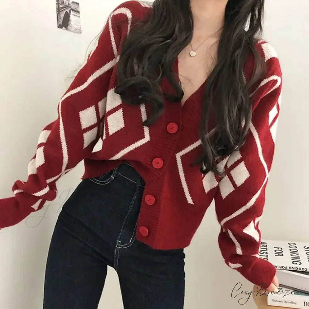 V-neck Printed Button Cardigan cardigans-241228