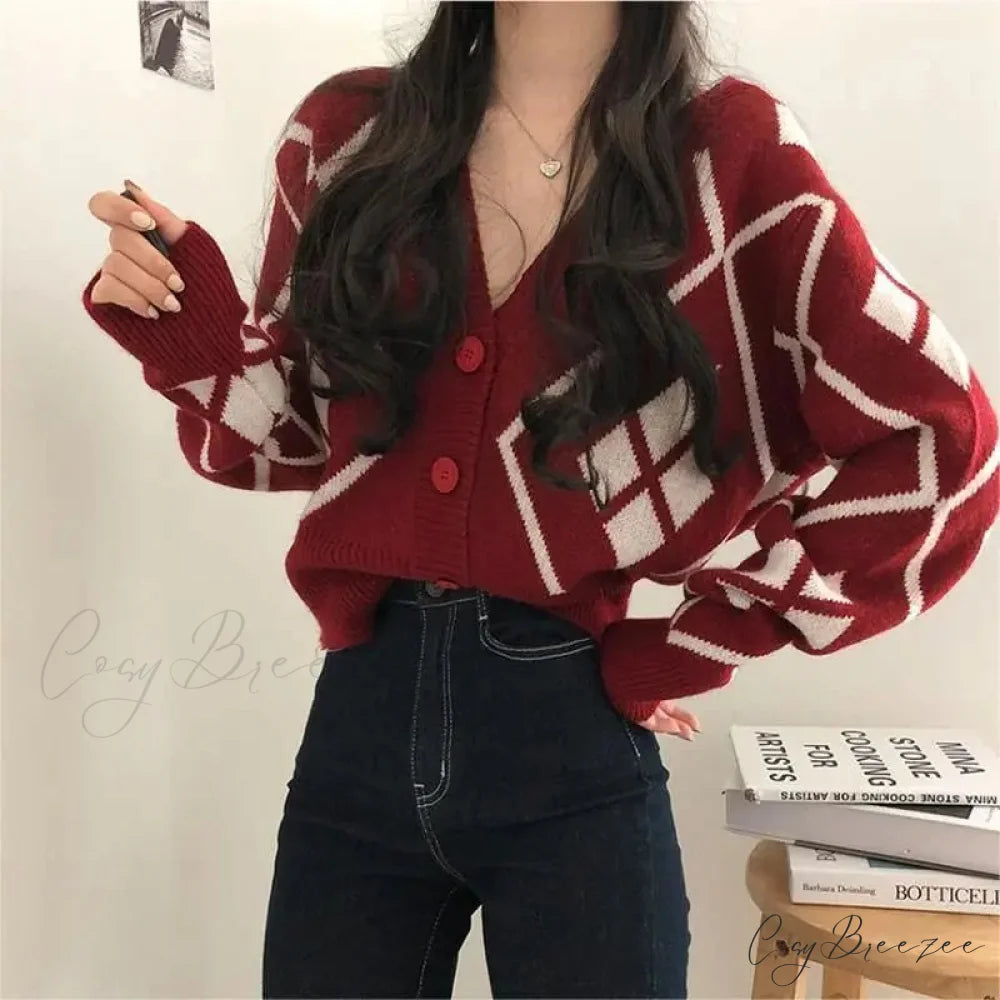 V-neck Printed Button Cardigan Red / S cardigans-241228