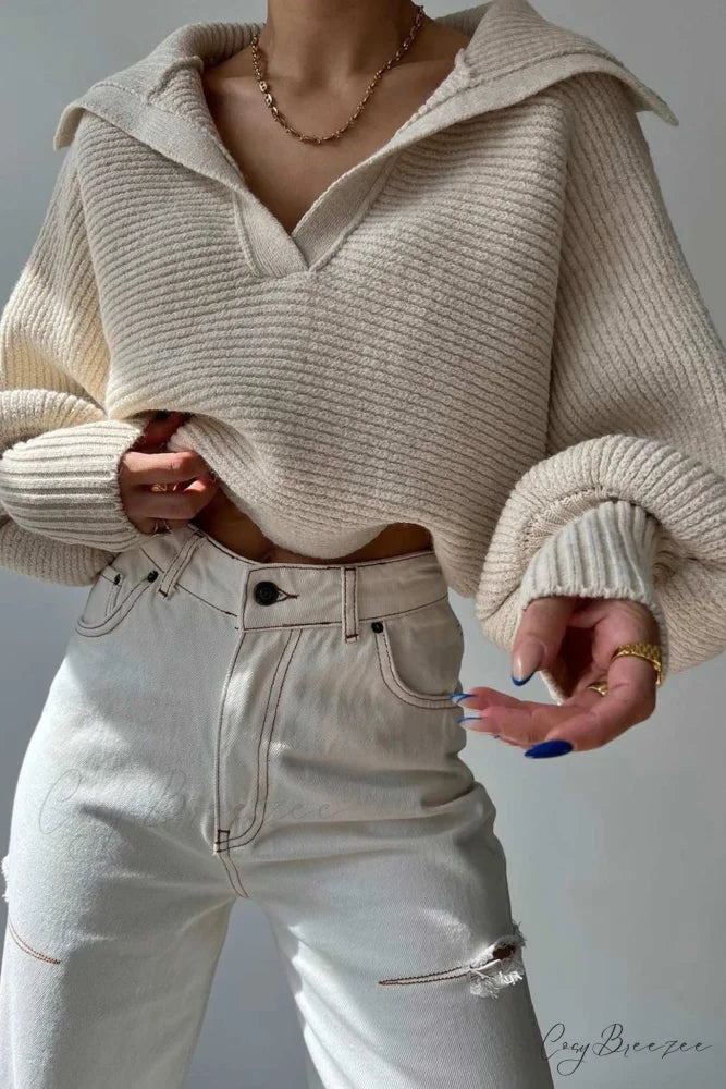 V Neck Puff Sleeve Sweater with Lapel Beige / S