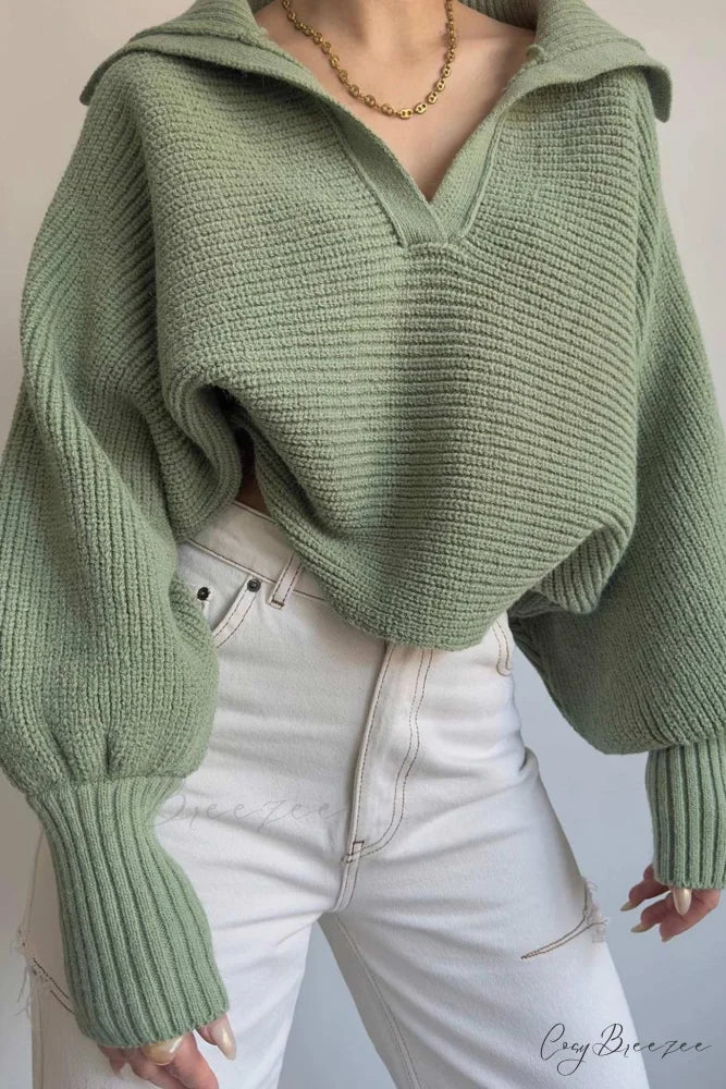 V Neck Puff Sleeve Sweater with Lapel Green / L