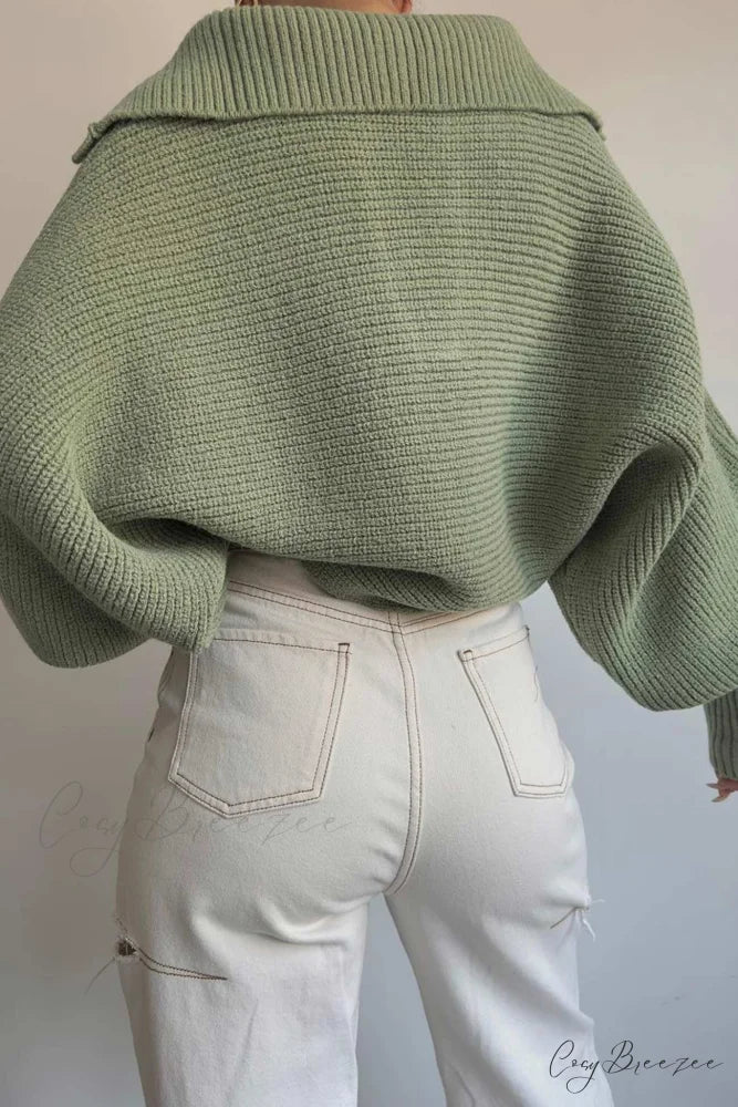 V Neck Puff Sleeve Sweater with Lapel Green / XL