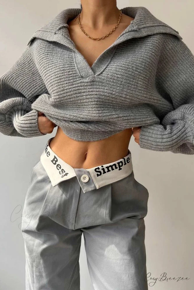 V Neck Puff Sleeve Sweater with Lapel Grey / L