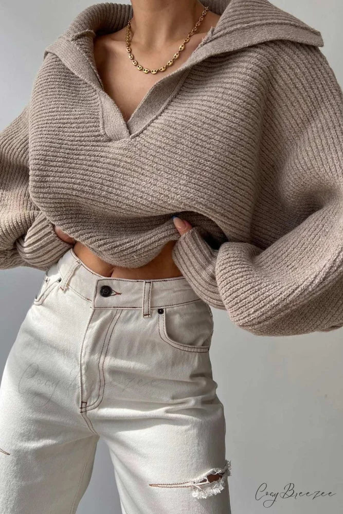 V Neck Puff Sleeve Sweater with Lapel Khaki / S