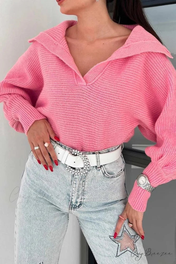 V Neck Puff Sleeve Sweater with Lapel Pink / M
