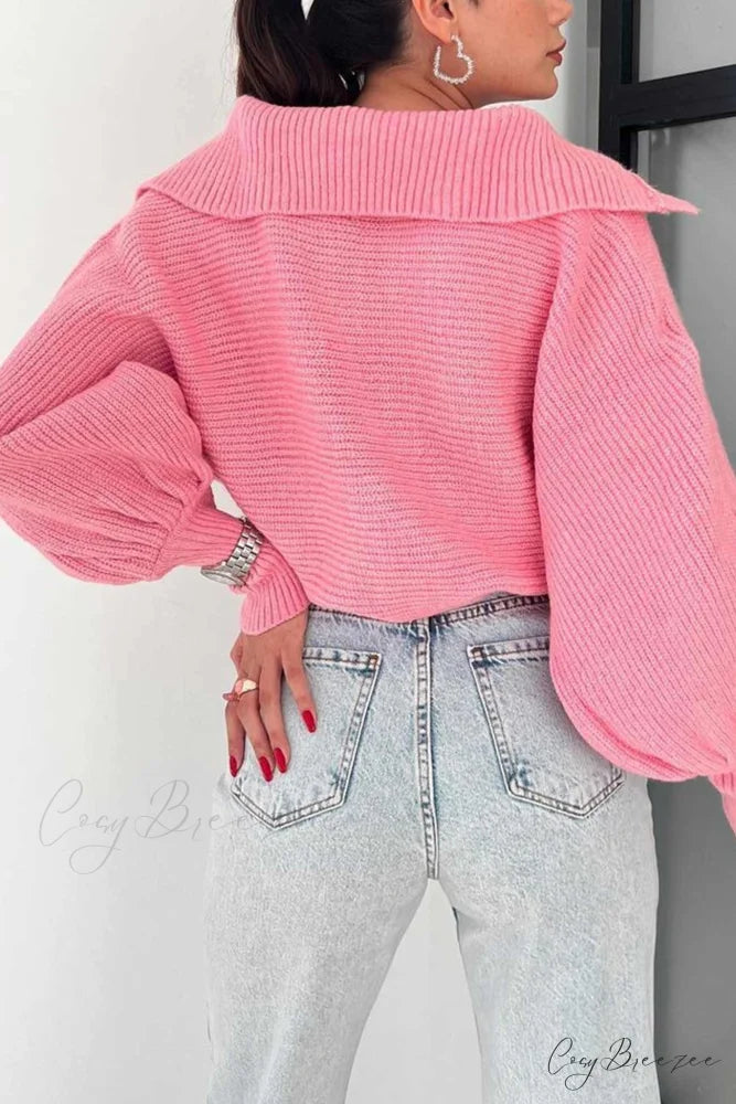V Neck Puff Sleeve Sweater with Lapel Pink / XL