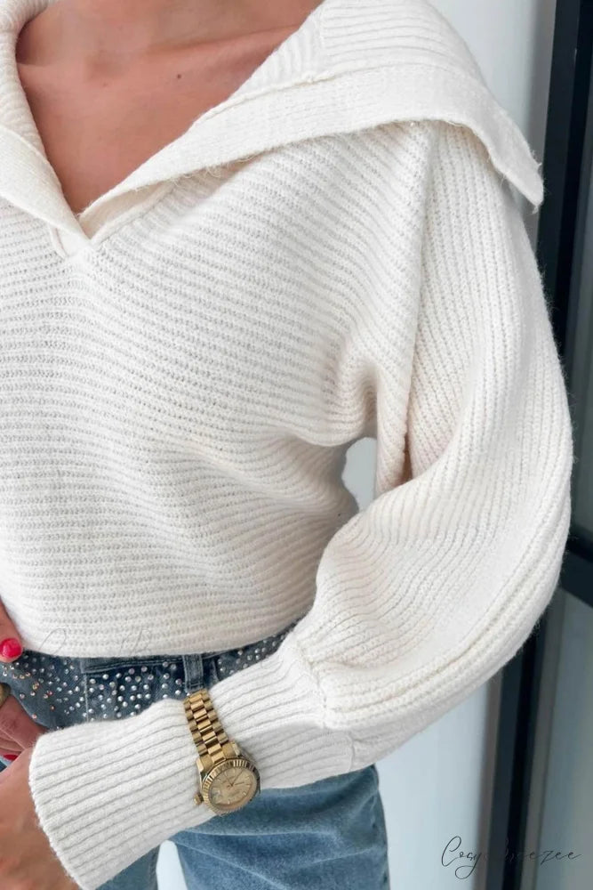V Neck Puff Sleeve Sweater with Lapel White / L