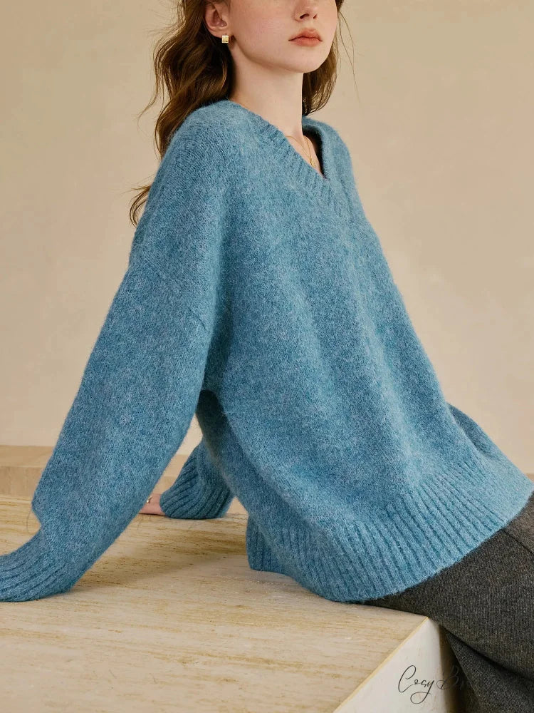 V-neck Pullover Wool Warm Sweater Blue / XS swraters-241228