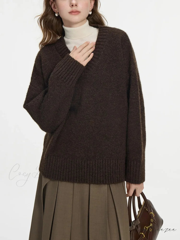 V-neck Pullover Wool Warm Sweater Dark brown / XS swraters-241228